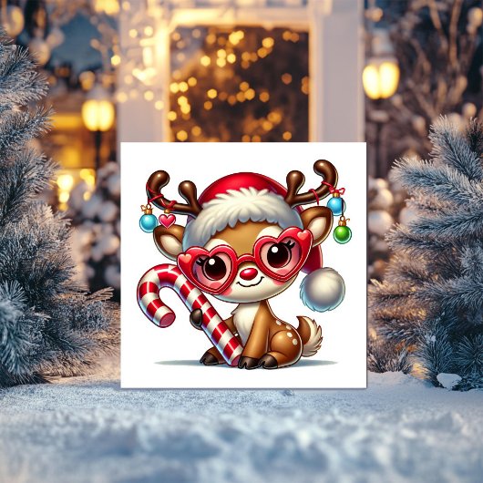 かわいいトナカイがストライプのキャンディーケーンを持っている シーズンカード
