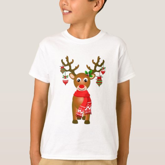 かわいいトナカイとクリスマスオーナメント Tシャツ (正面)