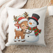 かわいいトナカイと雪だるまのクリスマスピロー クッション (ブランケット)