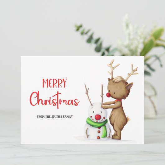 かわいいトナカイと雪だるまのクリスマス シーズンカード (スタンド正面)