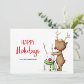 かわいいトナカイと雪だるまのハッピーホリデー シーズンカード (スタンド正面)