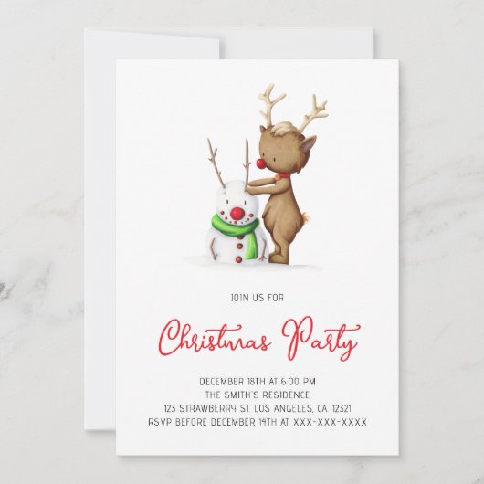 かわいいトナカイと雪だるまのホリデー・クリスマスパーティ 招待状 (正面)