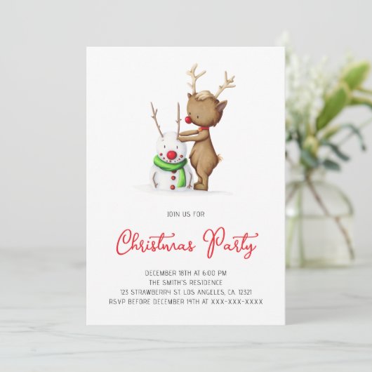 かわいいトナカイと雪だるまのホリデー・クリスマスパーティ 招待状 (スタンド正面)