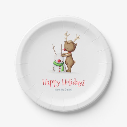 かわいいトナカイと雪だるまクリスマスホリデーファミリー ペーパープレート (正面)