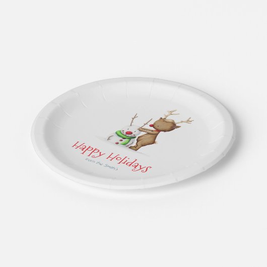 かわいいトナカイと雪だるまクリスマスホリデーファミリー ペーパープレート (アングル)
