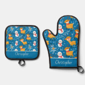 かわいいトナカイと雪だるまブルー 鍋つかみ&鍋敷きセット (正面)