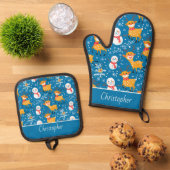 かわいいトナカイと雪だるまブルー 鍋つかみ&鍋敷きセット (トップダウン)