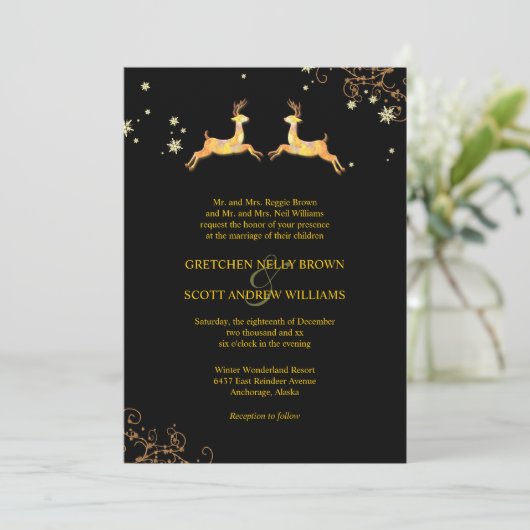 かわいいトナカイのカップル冬の結婚式 招待状 (スタンド正面)
