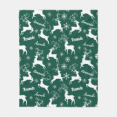 かわいいトナカイのクリスマスの繰り返し名グリーン フリースブランケット (正面)