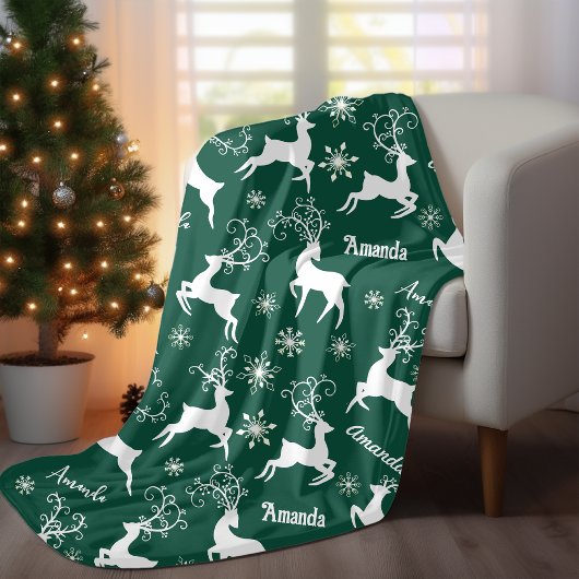 かわいいトナカイのクリスマスの繰り返し名グリーン フリースブランケット