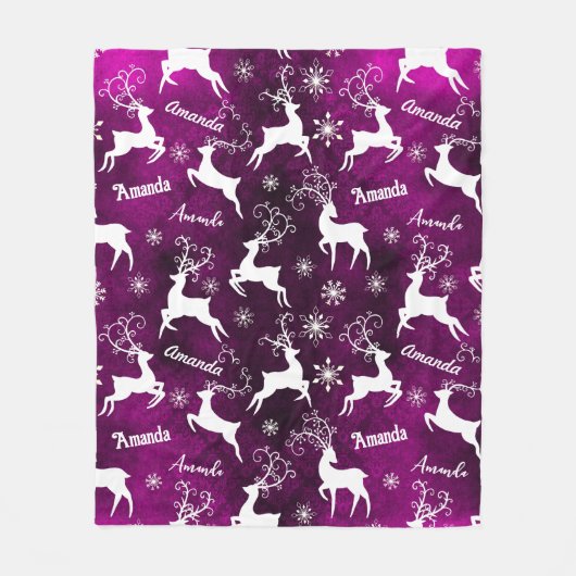 かわいいトナカイのクリスマスの繰り返し名パープル フリースブランケット (正面)