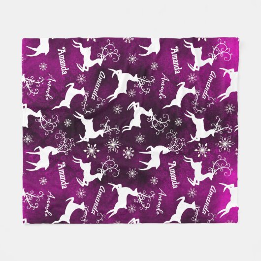かわいいトナカイのクリスマスの繰り返し名パープル フリースブランケット (正面(横))