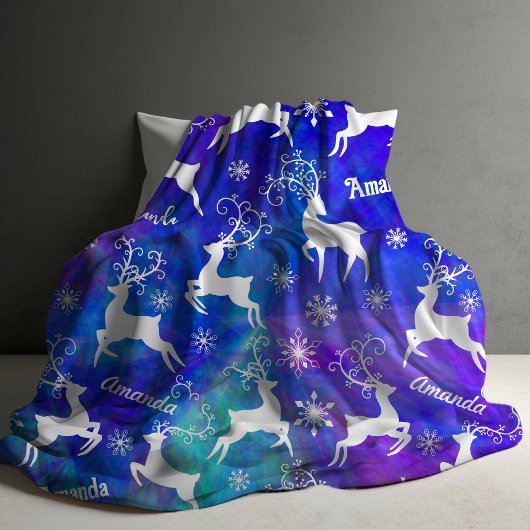 かわいいトナカイのクリスマスの繰り返し名前カラフル フリースブランケット