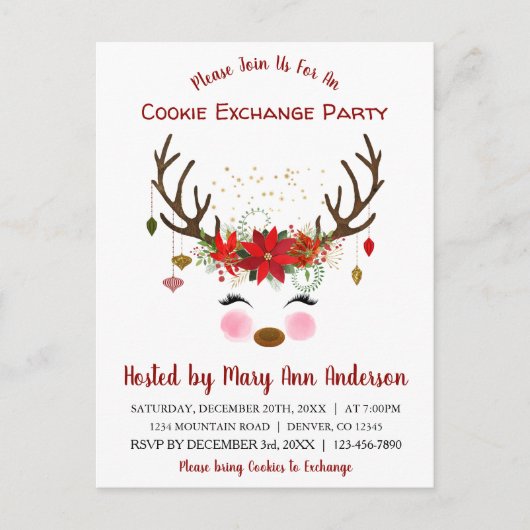 かわいいトナカイのクリスマスクッキー交換パーティー ポストカード (正面)