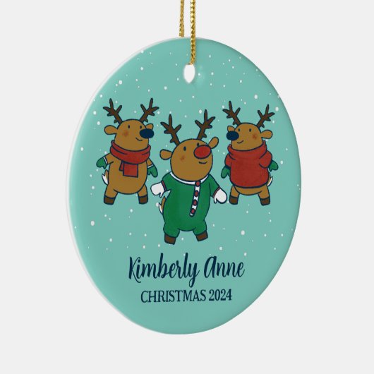 かわいいトナカイのクリスマスジョイ雪の冬の休日 セラミックオーナメント (右)
