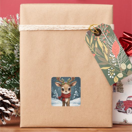 かわいいトナカイのクリスマスステッカー ギフト ノートブック用 スクエアシール (クリスマス)