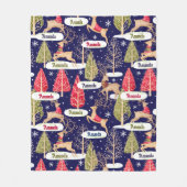 かわいいトナカイのクリスマスツリーモノグラムブルー フリースブランケット (正面)