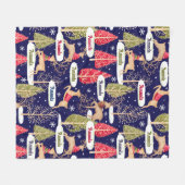 かわいいトナカイのクリスマスツリーモノグラムブルー フリースブランケット (正面(横))