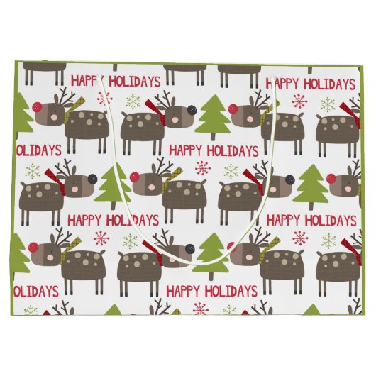 かわいいトナカイのクリスマスハッピーホリデー素朴 ラージペーパーバッグ (裏面)