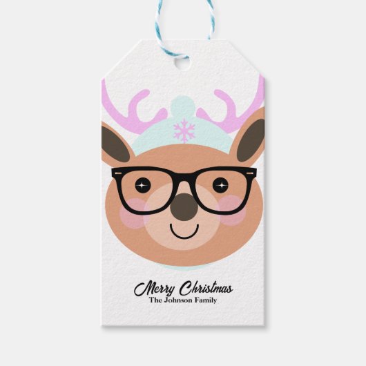 かわいいトナカイのクリスマスパーティースカーフハットグラス ギフトタグ (正面)