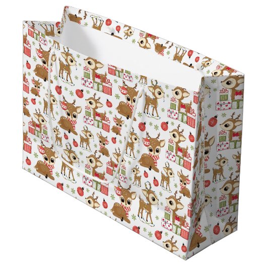 かわいいトナカイのクリスマスプレゼントオーナメントスノーフレーク ラージペーパーバッグ (正面アングル)