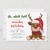 かわいいトナカイのクリスマス最初の誕生日パーティー 招待状 (正面)