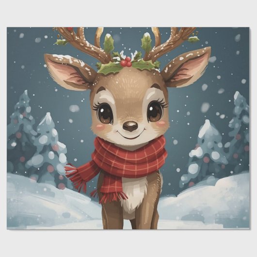 かわいいトナカイのクリスマス ラッピングペーパー (フラット)