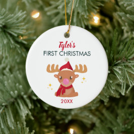 かわいいトナカイのジェンダーニュートラルな赤ちゃんの最初のクリスマス セラミックオーナメント