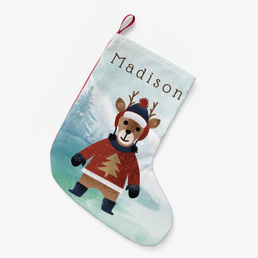 かわいいトナカイのセーター スモールクリスマスストッキング (正面 (吊り時))