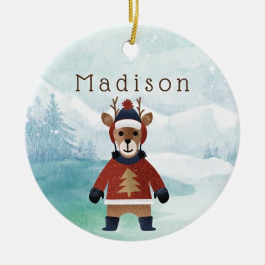 かわいいトナカイのセーター セラミックオーナメント (正面)