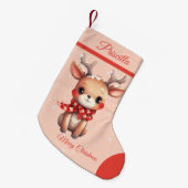 かわいいトナカイのピンク雪の背景メリークリスマス スモールクリスマスストッキング (正面 (吊り時))