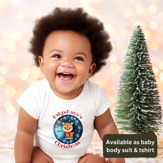 かわいいトナカイのブルーという名前の初めてのクリスマス ベビーボディスーツ