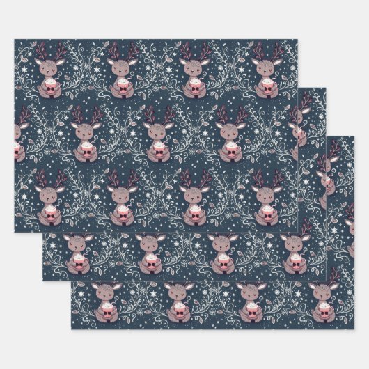 かわいいトナカイのホットココアクリスマス ラッピングペーパーシート (セット)