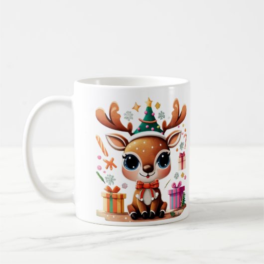 かわいいトナカイのメリークリスマスプレゼント コーヒーマグカップ (左)
