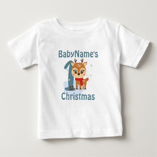 かわいいトナカイの名前の初めてのクリスマス ベビーTシャツ (正面)