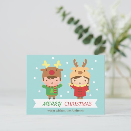 かわいいトナカイの子どもメリークリスマスグリーティング シーズンポストカード (スタンド正面)