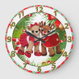 かわいいトナカイの恋人のクリスマスの時計 ラージ壁時計
