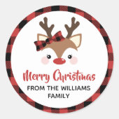 かわいいトナカイの格子弓レッドメリークリスマス ラウンドシール (正面)
