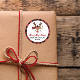 かわいいトナカイの格子弓レッドメリークリスマス ラウンドシール