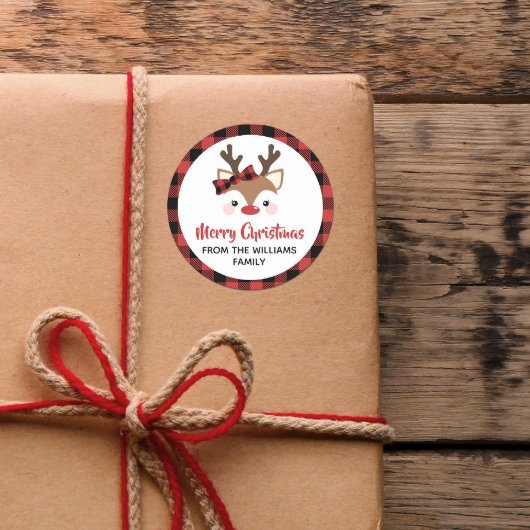 かわいいトナカイの格子弓レッドメリークリスマス ラウンドシール