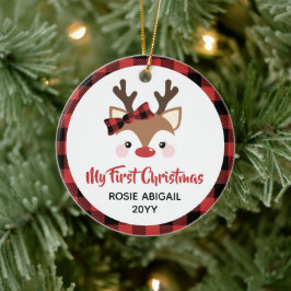 かわいいトナカイの格子弓1stクリスマスベビー写真 セラミックオーナメント