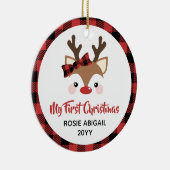 かわいいトナカイの格子弓1stクリスマスベビー写真 セラミックオーナメント (右)