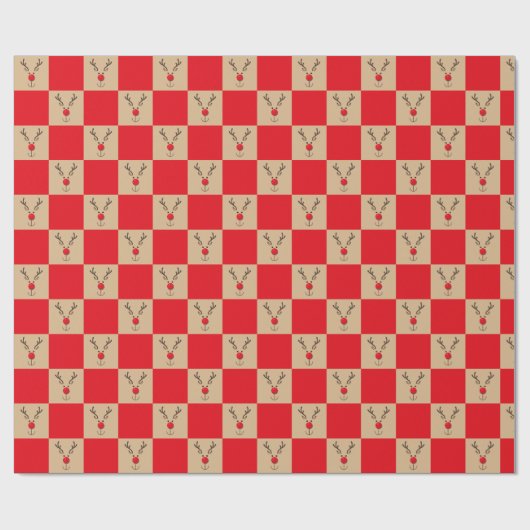 かわいいトナカイの茶色と赤のパターン ラッピングペーパー (フラット)