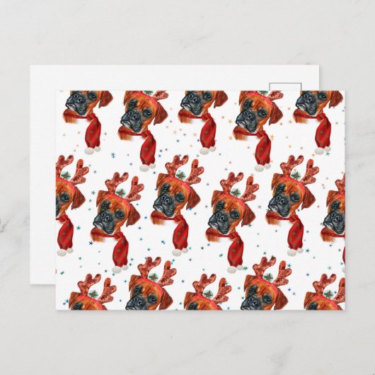 かわいいトナカイの角のボクサー犬のクリスマス シーズンポストカード (正面/裏面)