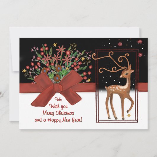 かわいいトナカイの赤い弓ホワイトピンクバック シーズンカード (正面)