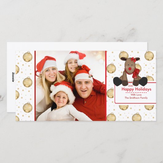 かわいいトナカイの鐘クリスマスファミリーフォトカード シーズンカード (正面/裏面)