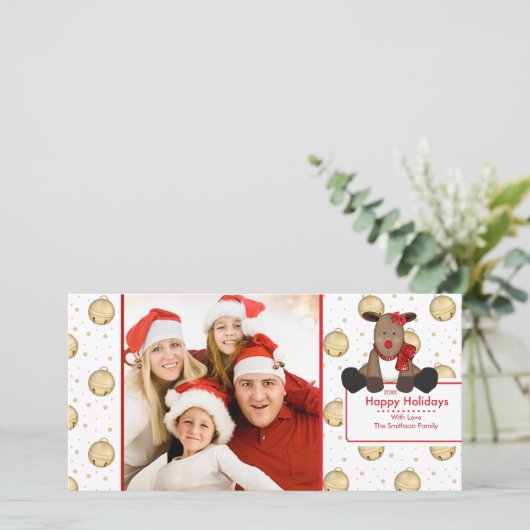 かわいいトナカイの鐘クリスマスファミリーフォトカード シーズンカード (スタンド正面)
