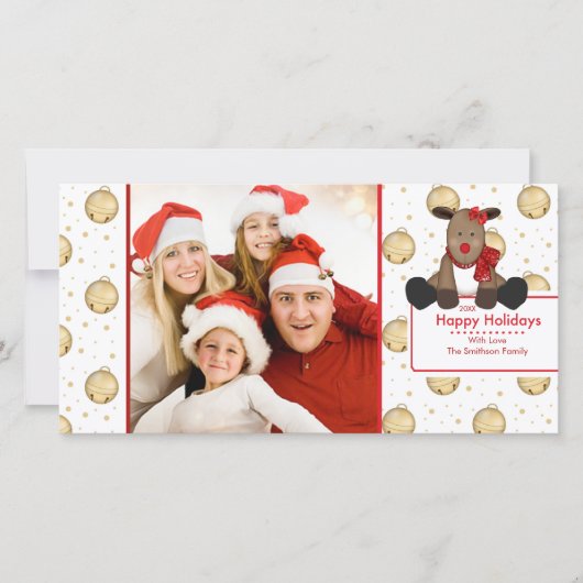 かわいいトナカイの鐘クリスマスファミリーフォトカード シーズンカード (正面)