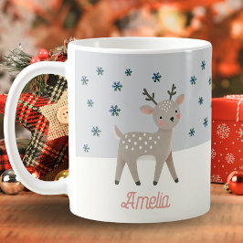 かわいいトナカイの雪の結晶のイラスト 名前入り クリスマス コーヒーマグカップ