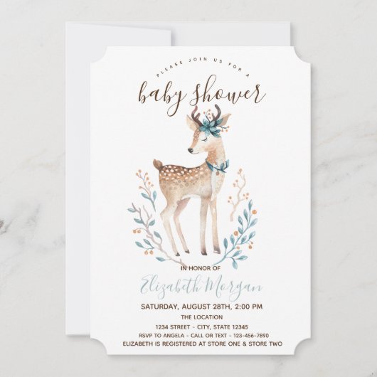 かわいいトナカイストライプピンク色の赤ちゃんシャワー 招待状 (正面)